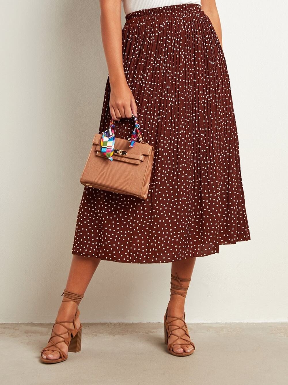 Polka Dot Pleated Midi Skirt Rust Brown High Waist Elastic Exlura Size Small NWT